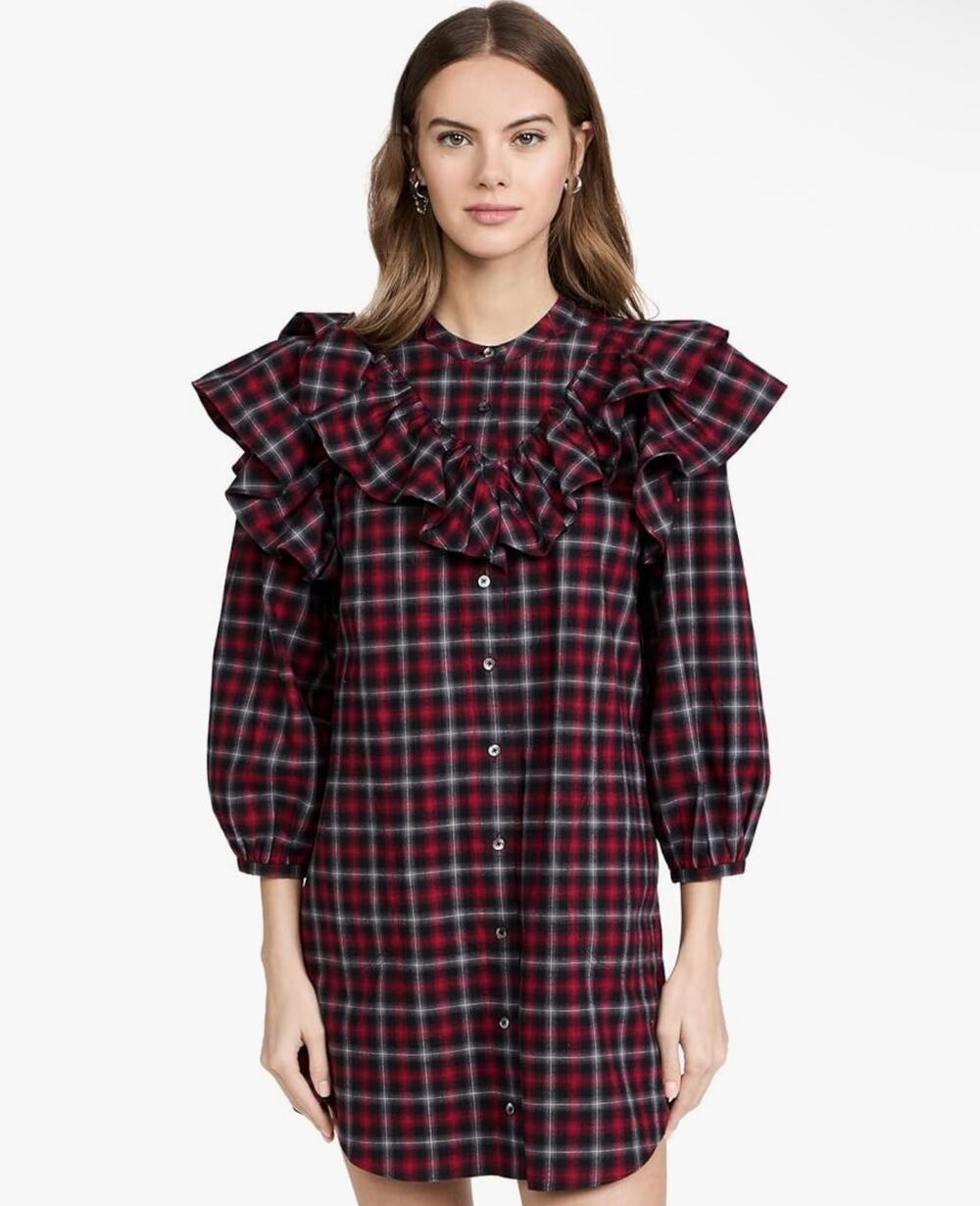 New something navy ruffle plaid button up dress long sleeve sz S $165